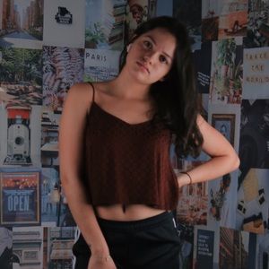 Brown pattern flared out spaghetti strap crop top